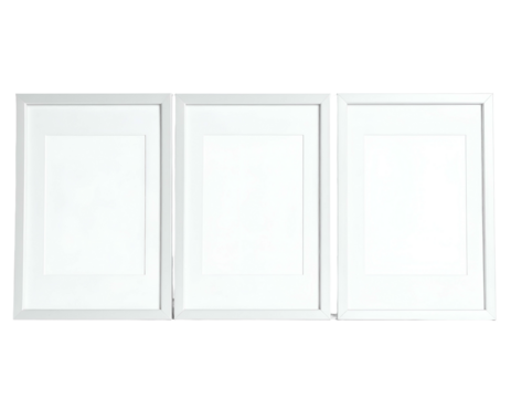 Three aligned rectangular white frames set against a black backdrop, with empty white center spaces