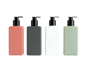 Four rectangular cosmetic bottles with black pumps in different pastel colors against black