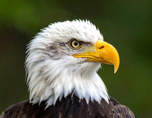 Fototapeta premium Up-close portrait of a bald eagle, its white head and yellow beak contrasting against dark feathers. Eyes focused with sharpness