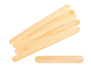 Close-up photo of several plain, wooden craft sticks arranged on a black background