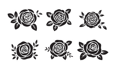 Rose Flower Silhouette Collection, Black and White Botanical Vector Icons