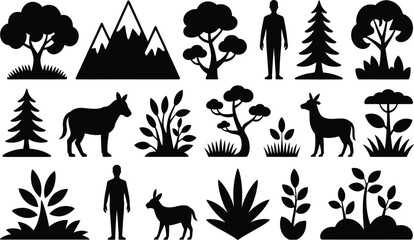 Enchanting nature icons evoke wilderness and simplicity, perfect for eco-friendly designs and outdoor adventure brands, originally designed as a vector graphic