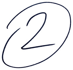 Black circle with hand drawn number 2, marker doodle sketch symbol isolated on transparent background