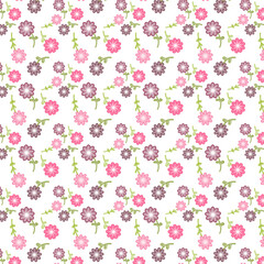 A seamless repeating background pattern featuring small, simple stylized flowers in shades of pink, magenta, and maroon.