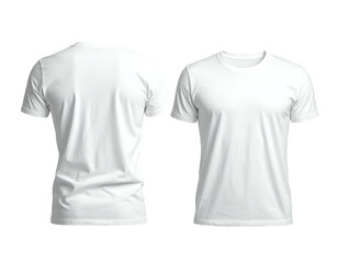 Studio shot displaying the front and back views of a blank, white crewneck t-shirt