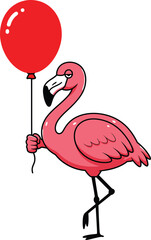 Fototapeta premium Pink cartoon flamingo holding a red balloon on white background Keywords: flamingo, pink flamingo, bird, tropical bird, exotic bird