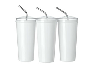 Three white to-go drink cups with clear lids and metal straws against a stark black backdrop