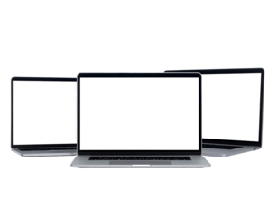 Three open, silver-colored portable computers with blank screens on a black background
