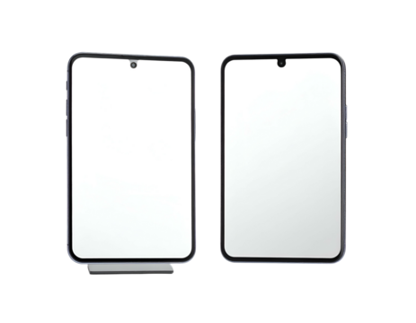 Two modern smartphones, black, side-by-side, display white screens, slight reflections