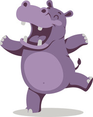 Fototapeta premium Joyful cartoon hippopotamus dancing with mouth wide open and eyes closed animal illustration