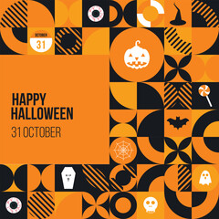 Happy Halloween Day pattern Design. 31st October. Orange abstract geometry. Spooky, Trick or treat, pumpkin, bat, skull, ghost concept. Vector illustration.