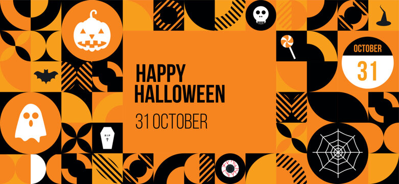 Happy Halloween Day pattern Design. 31st October. Orange abstract geometry. Spooky, Trick or treat, pumpkin, bat, skull, ghost concept. Vector illustration.
