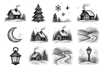 Chalk style winter scenes with cozy cottages and snowy landscapes