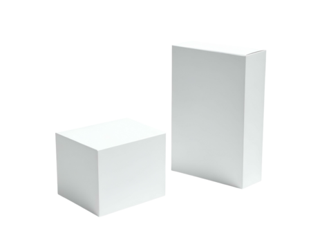 Rendered image displays two plain white cardboard boxes on a solid black background