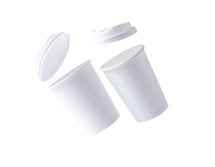 Two white paper cups with lids floating against a stark black background