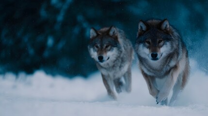 Obraz premium Two wolves running powerfully through a snowy winter forest at dusk
