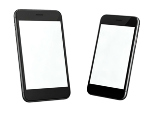 Two black smartphones, each with a blank white screen, are displayed at a slight angle