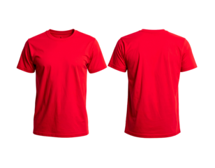 Front and back view of a vibrant red crew neck tee shirt against a solid black background