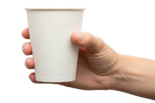 Paper coffee cup held in hand mockup isolated on transparent background