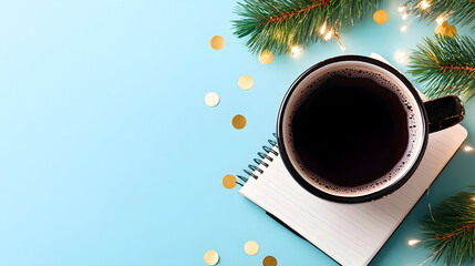 New Year's resolution concept with a goals notebook, coffee cup, and golden confetti on a pastel beige desk, perfect for planning personal objectives in the new year