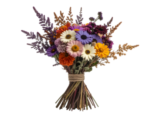 Hand-Tied Bouquet of Dried Flowers in Warm Autumn Palette, Isolated on White Background