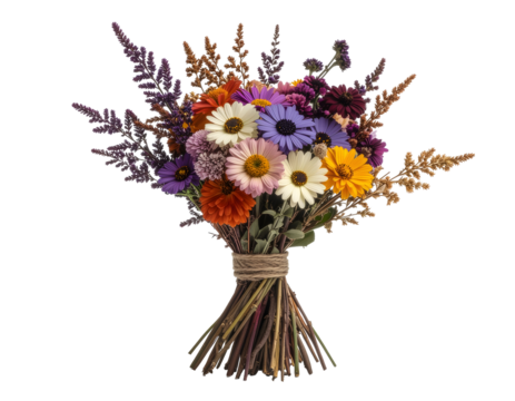 Hand-Tied Bouquet of Dried Flowers in Warm Autumn Palette, Isolated on White Background