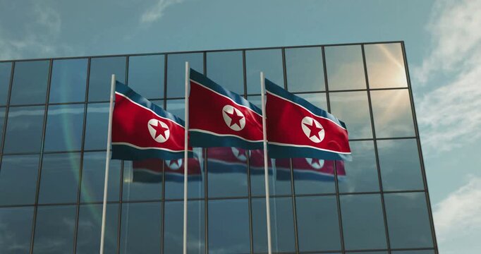 North Korea waving flag with glass building on backgroud. Korean blowing banner and reflection.