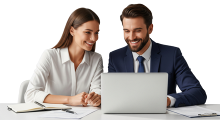 Two business people working together with laptop and looking happy isolated on white or transparent background