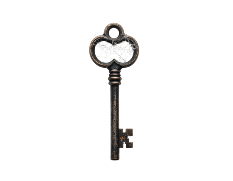 Old Key with Cobwebs and Spooky Patina on White Matte Background, Halloween Theme