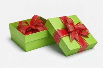 Obraz premium Bright green gift boxes with red ribbons ready for celebration or special occasion