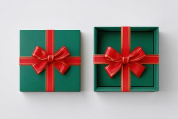 Gift boxes in green with red ribbons, one open and one closed, ready for presents during the holiday season
