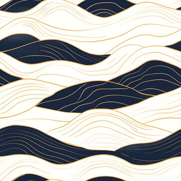 Seamless Japanese wave pattern with elegant gold kintsugi lines and abstract flowing curves. Navy and cream palette with soft gradients reflects modern wabi-sabi aesthetics and balanced rhythmic repet