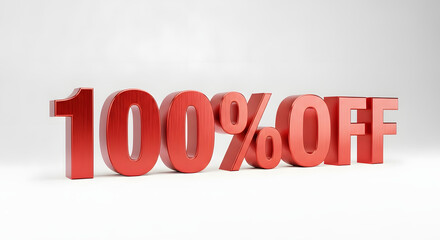 Red metallic one hundred percent off text on a white background in a promotional image style render