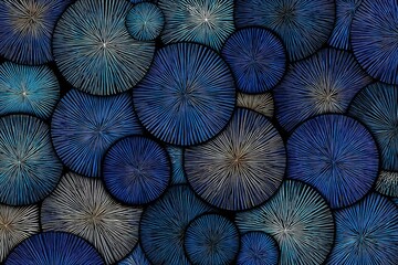 Colorful abstract design featuring circular shapes with radial lines in shades of blue and black