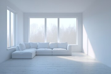 Fototapeta premium Bright and spacious living room with large windows and cozy white couch