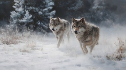 Fototapeta premium Two wolves run together through a snowy winter landscape with trees and dry grass in the background