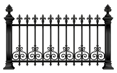 Elegant Black Iron Fence Illustration with Fleur de Lis Decorative Elements a Timeless Architectural Detail