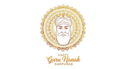 A golden, intricate mandala design featuring the portrait of guru nanak dev ji, with the text happy guru nanak gurpurab below, on a white background