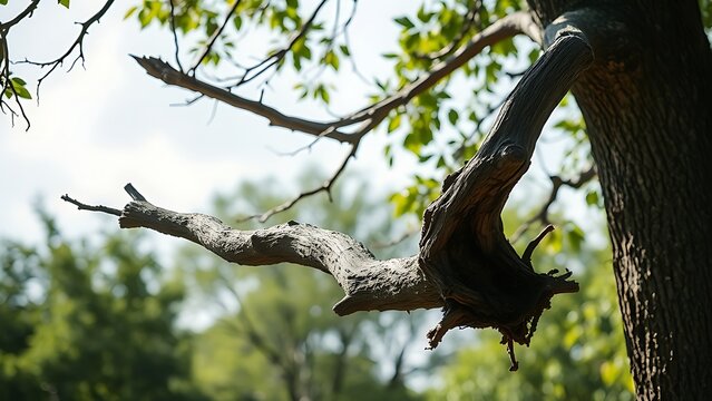 A broken tree branch hanging precariously from a tree, swaying in gentle wind under natural daylight.