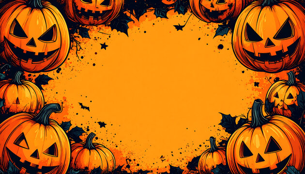 Spooky comic book style pumpkin border with bold outlines and jack o lantern faces framing orange grunge center, playful Halloween mood