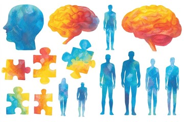 Colorful watercolor illustrations of human figures, brains, and puzzle pieces symbolizing cognitive processes
