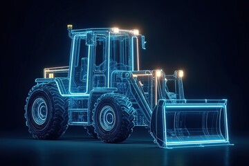 3D rendering of a blue neon construction loader with glowing details against a dark background