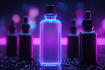 Illuminated bottle showcases vibrant neon colors against blurred background, emphasizing allure
