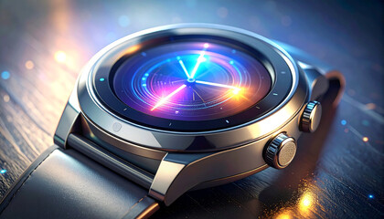 Time's Embrace: A sleek smartwatch showcasing cutting-edge technology, reflecting a blend of innovation and style, illuminates with a captivating display.