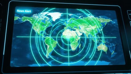 Digital World Map on Screen Showcasing Radar Overlay, Highlighting Continents and Oceans for Global Connectivity and Real Time News Alerts in Technology Driven Environment - Powered by Adobe