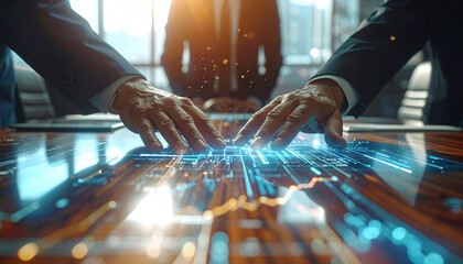 Strategic Alignment: Hands converge over a digital interface, symbolizing strategic collaboration and data-driven decision-making in a high-tech business environment.