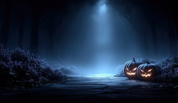 Spooky Halloween Pumpkins Glow in a Dark Enchanted Forest at Night with a Misty Atmosphere and Ethereal Light Beam Shining Down