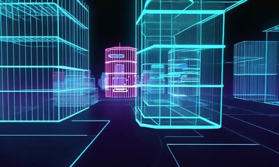 Digital cityscape with wireframe buildings and neon lights on a dark reflective surface - Powered by Adobe