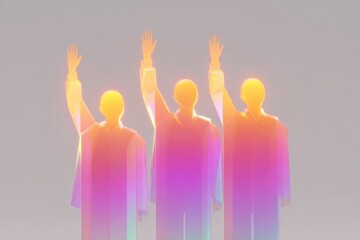 Three abstract figures raise hands, glowing in vibrant gradients of color, symbolizing unity.