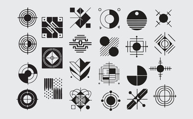 abstract geometric shapes and symbols in black and white, minimal modern design elements for branding, posters, and digital compositions